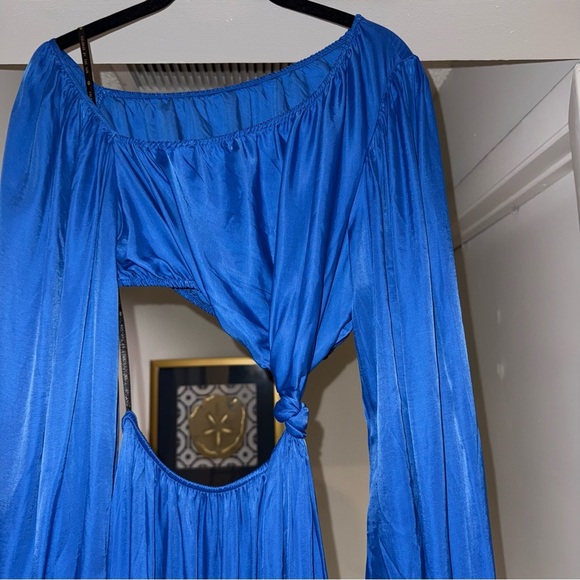 Farm Rio Blue Satin Long Sleeve Cut Out Knot Royal Blue Midi Dress Sz Small NWT - Picture 3 of 16